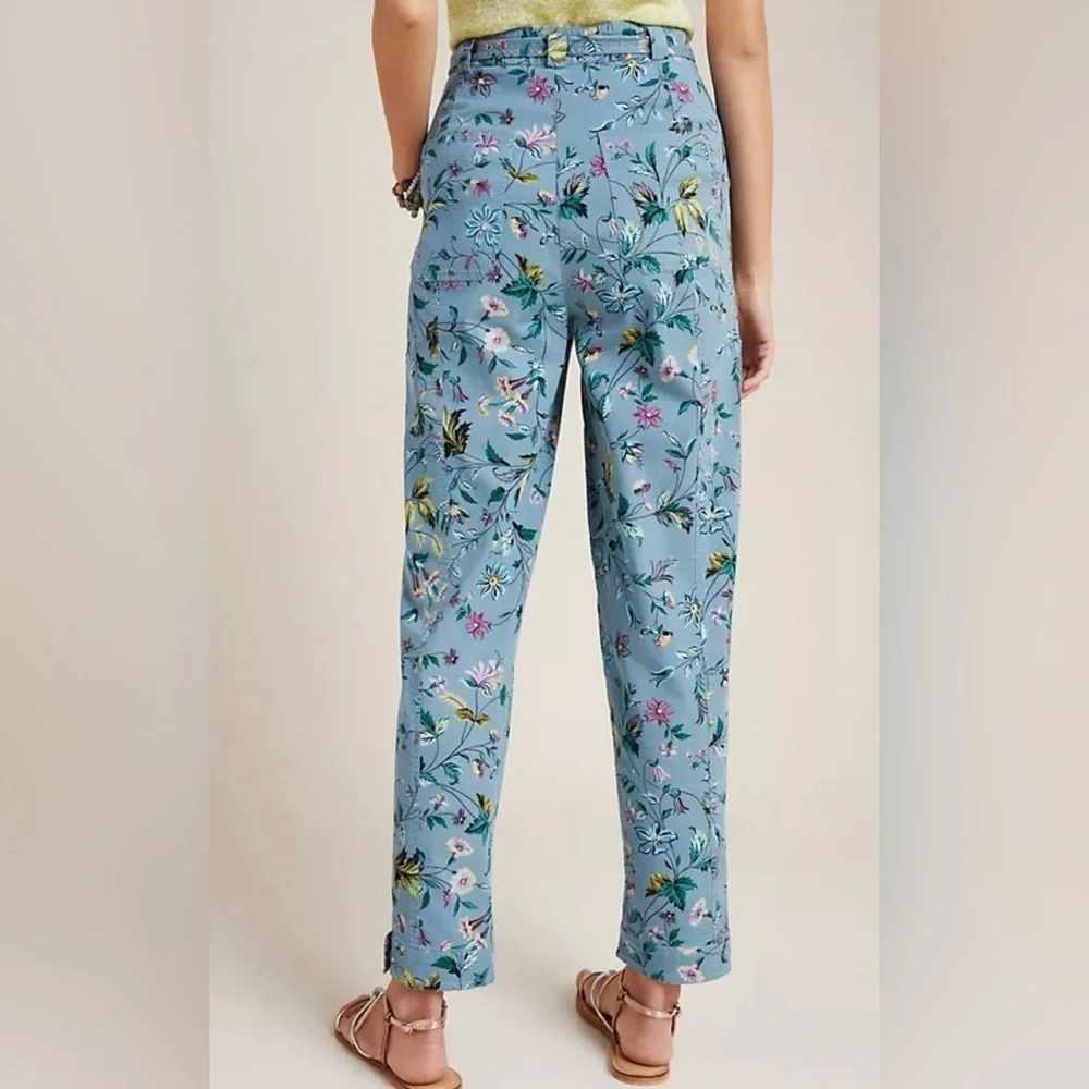 ANTHROPOLOGIE Victoria Floral Cargo Utility Pants High Rise Gray Blue Size 4 - Picture 3 of 14